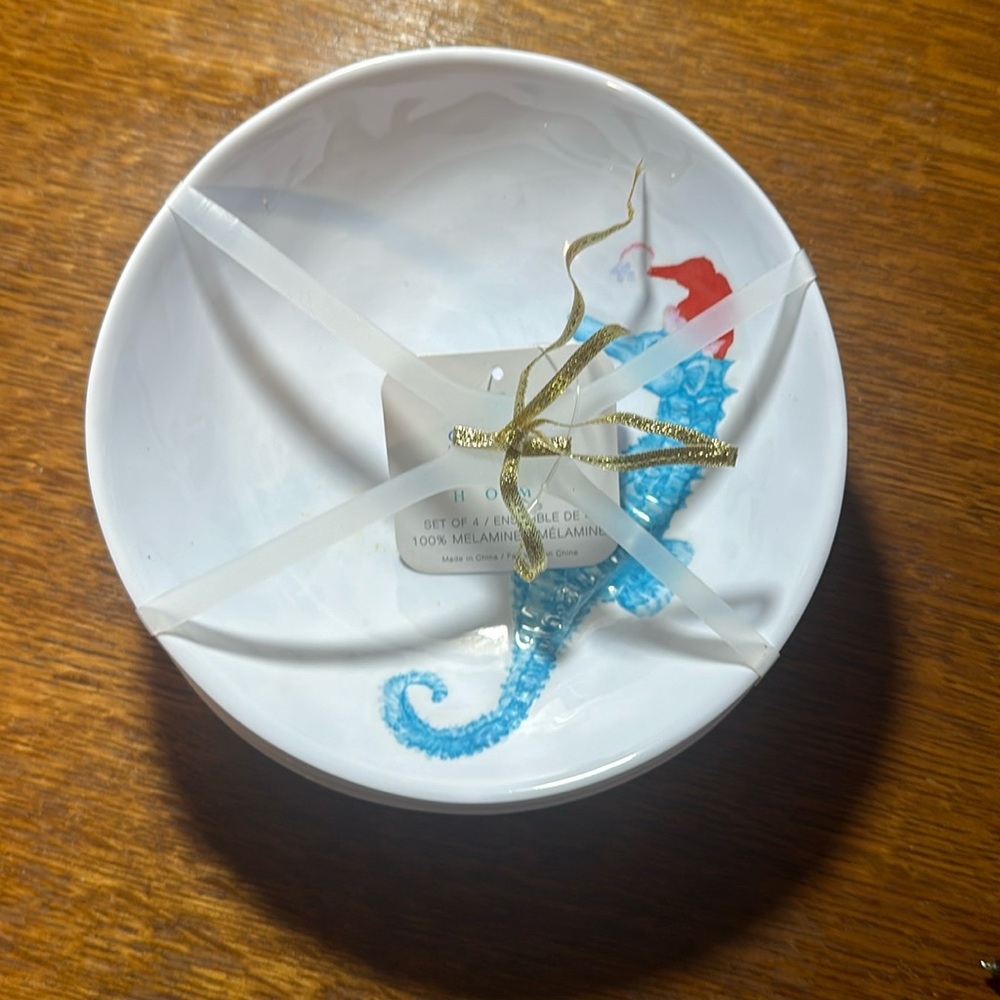 Sigrid Olsen Home Melamine Bowls of Seahorse with a Santa Hat - set of 4 bowls.